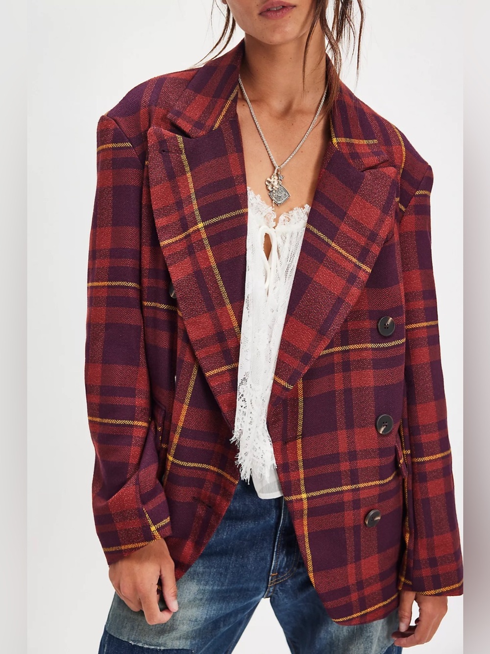 Free People Dean Double-Breasted Blazer in Oliver Plaid Brown S